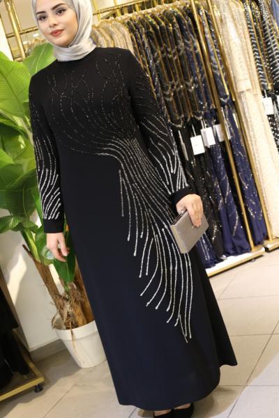 2848 KOD TAŞ İŞLEMELİ ABİYE ELBİSE SİYAH