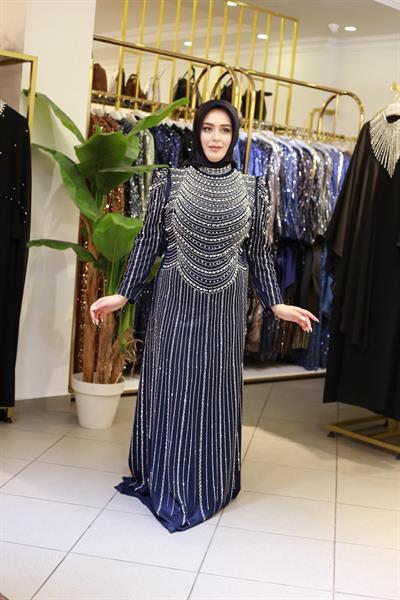 3153 KOD TAŞ BASKILI ABİYE ELBİSE LACİVERT