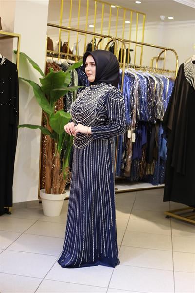 3153 KOD TAŞ BASKILI ABİYE ELBİSE LACİVERT