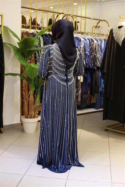 3153 KOD TAŞ BASKILI ABİYE ELBİSE LACİVERT