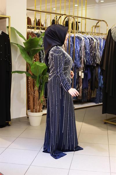 3153 KOD TAŞ BASKILI ABİYE ELBİSE LACİVERT