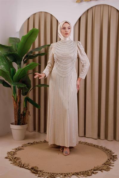 3153 KOD TAŞ BASKILI ABİYE ELBİSE BEJ