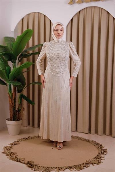 3153 KOD TAŞ BASKILI ABİYE ELBİSE BEJ