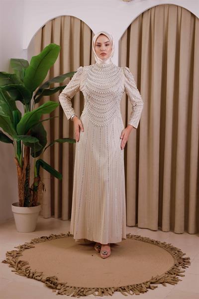 3153 KOD TAŞ BASKILI ABİYE ELBİSE BEJ