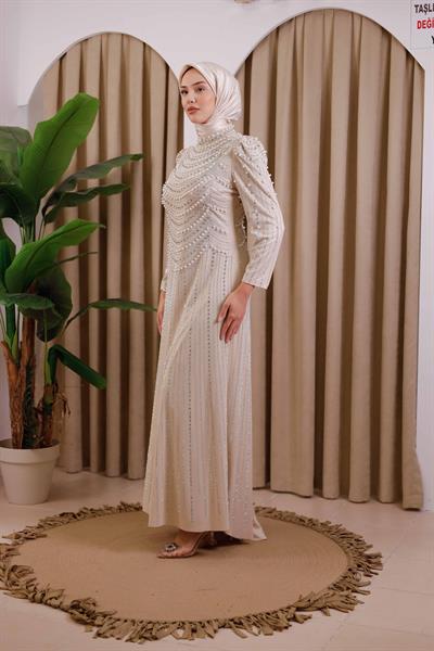 3153 KOD TAŞ BASKILI ABİYE ELBİSE BEJ
