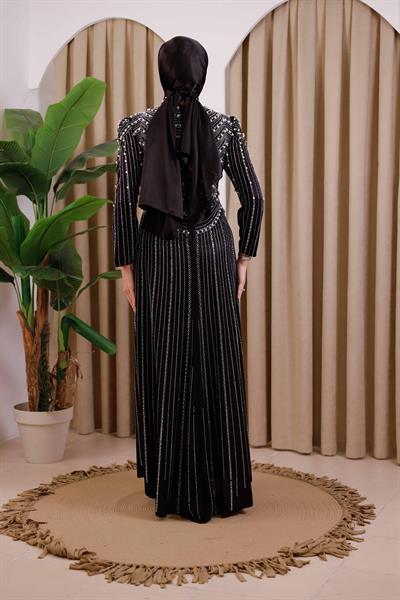 3153 KOD TAŞ BASKILI ABİYE ELBİSE SİYAH