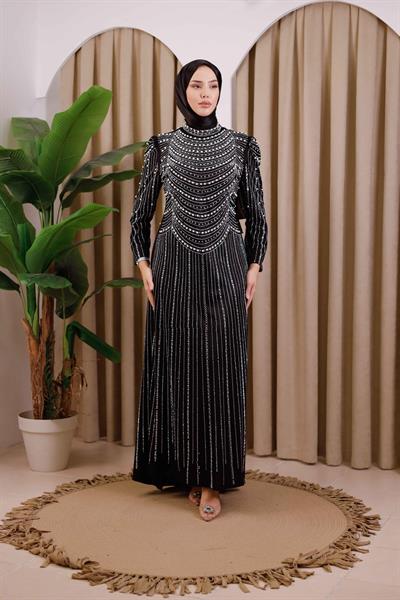 3153 KOD TAŞ BASKILI ABİYE ELBİSE SİYAH