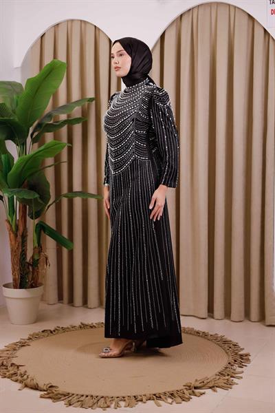 3153 KOD TAŞ BASKILI ABİYE ELBİSE SİYAH