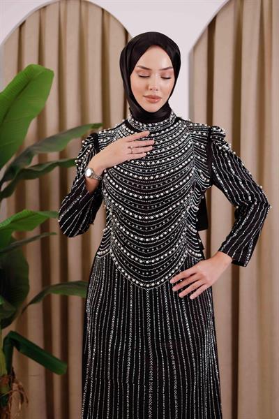 3153 KOD TAŞ BASKILI ABİYE ELBİSE SİYAH