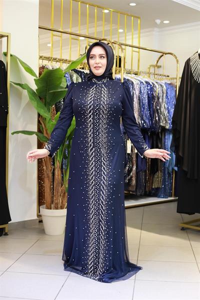 3154 KOD ŞERİT İNCİLİ ABİYE ELBİSE LACİVERT