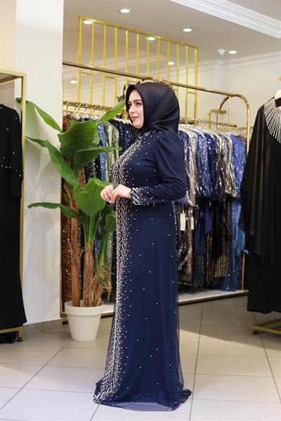 3154 KOD ŞERİT İNCİLİ ABİYE ELBİSE LACİVERT