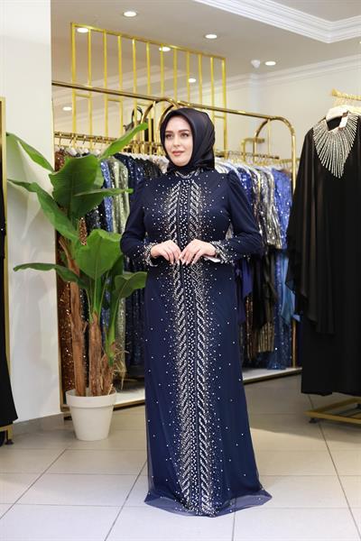 3154 KOD ŞERİT İNCİLİ ABİYE ELBİSE LACİVERT