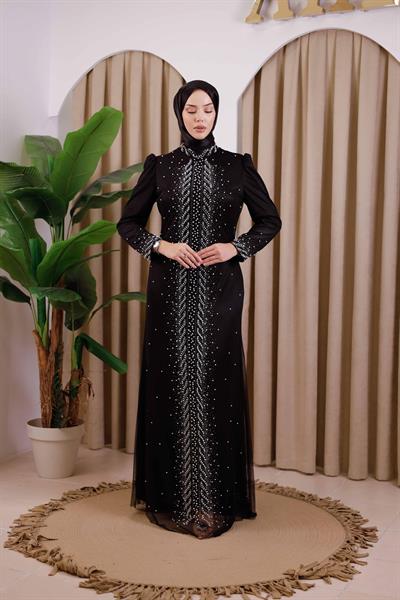 3154 KOD ŞERİT İNCİLİ ABİYE ELBİSE SİYAH