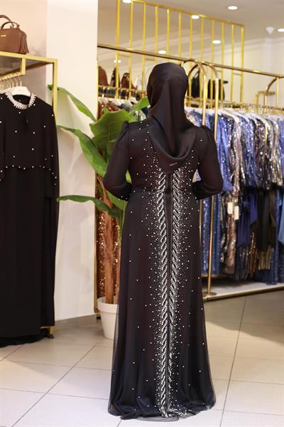 3154 KOD ŞERİT İNCİLİ ABİYE ELBİSE SİYAH