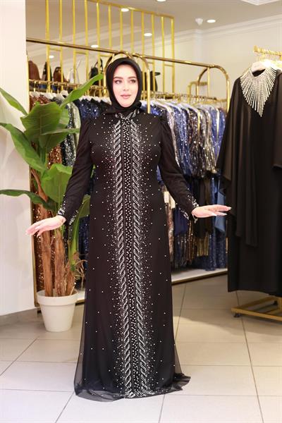 3154 KOD ŞERİT İNCİLİ ABİYE ELBİSE SİYAH