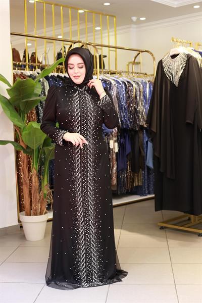 3154 KOD ŞERİT İNCİLİ ABİYE ELBİSE SİYAH