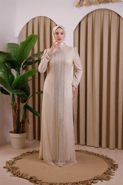 3154 KOD ŞERİT İNCİLİ ABİYE ELBİSE BEJ