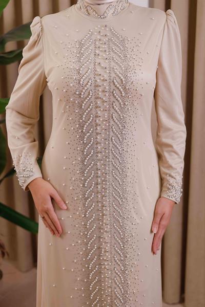 3154 KOD ŞERİT İNCİLİ ABİYE ELBİSE BEJ