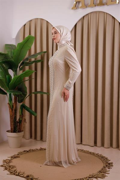 3154 KOD ŞERİT İNCİLİ ABİYE ELBİSE BEJ