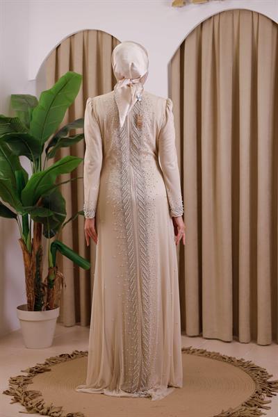 3154 KOD ŞERİT İNCİLİ ABİYE ELBİSE BEJ
