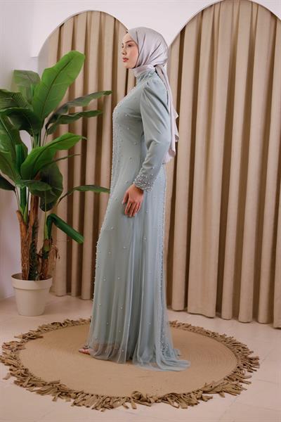 3154 KOD ŞERİT İNCİLİ ABİYE ELBİSE YEŞİL