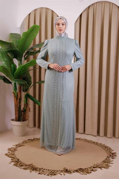 3154 KOD ŞERİT İNCİLİ ABİYE ELBİSE YEŞİL