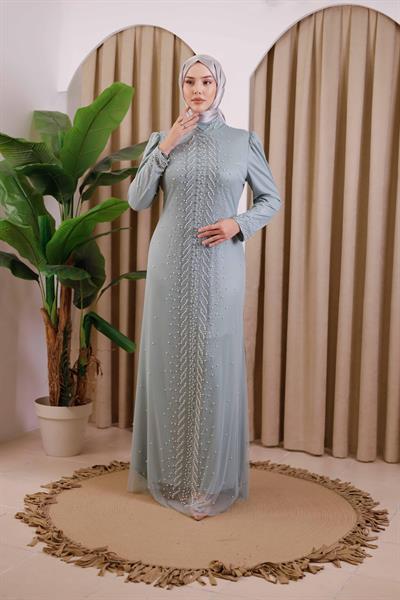 3154 KOD ŞERİT İNCİLİ ABİYE ELBİSE YEŞİL