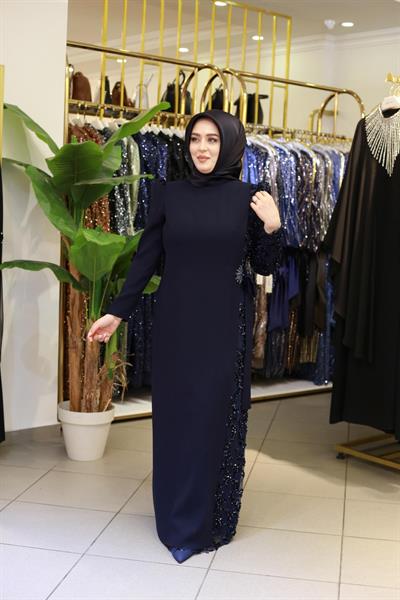 3337 كود 3337 فستان مطرز بالترتر بأكمام واحدة