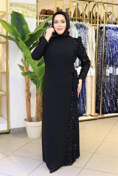 3337 KOD TEK KOLU PAYET İŞLEMELİ ELBİSE