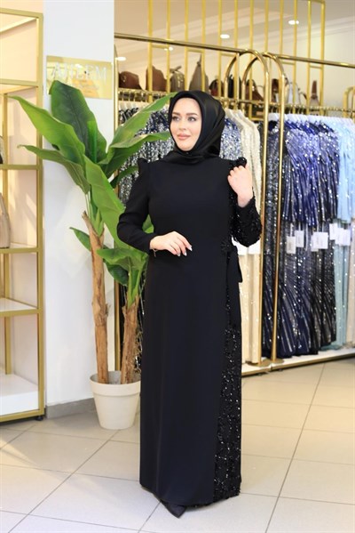 3337 KOD TEK KOLU PAYET İŞLEMELİ ELBİSE