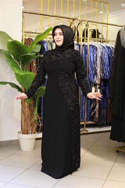 3368-1 KOD SALKIM TAŞLI KREP ELBİSE