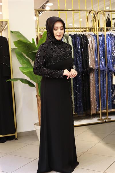 3368-1 KOD SALKIM TAŞLI KREP ELBİSE