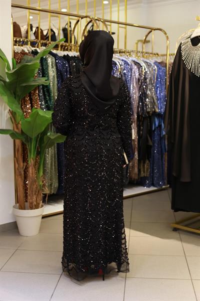 3399 KOD KENDİNDEN PUL DESENLİ ABİYE ELBİSE SİYAH