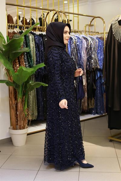 3399 KOD KENDİNDEN PUL DESENLİ ABİYE ELBİSE LACİVERT