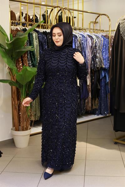 3399 KOD KENDİNDEN PUL DESENLİ ABİYE ELBİSE LACİVERT