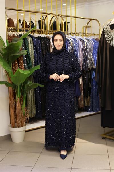 3399 KOD KENDİNDEN PUL DESENLİ ABİYE ELBİSE LACİVERT