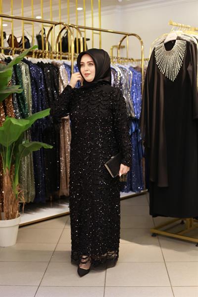 3399 KOD KENDİNDEN PUL DESENLİ ABİYE ELBİSE SİYAH