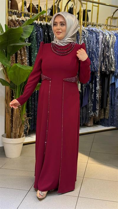 3451 فستان مطرز بالحجر ذو ياقة كود وخصر مطرز بالحجر