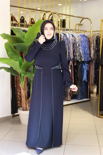 3451 فستان مطرز بالحجر ذو ياقة كود وخصر مطرز بالحجر