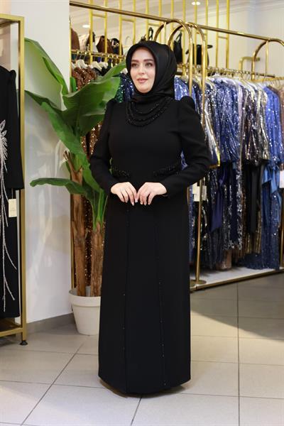 3451 فستان مطرز بالحجر ذو ياقة كود وخصر مطرز بالحجر