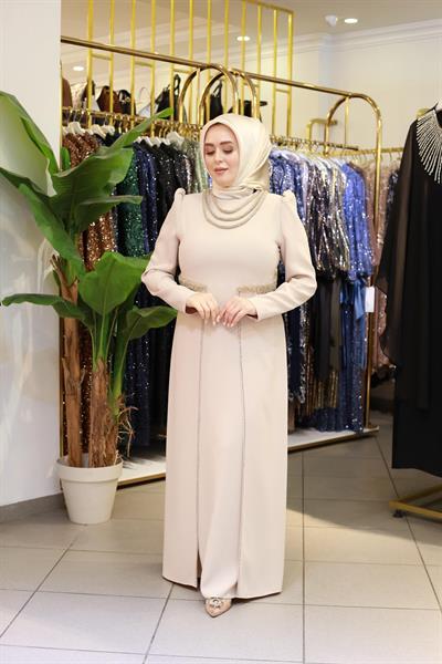 3451 فستان مطرز بالحجر ذو ياقة كود وخصر مطرز بالحجر