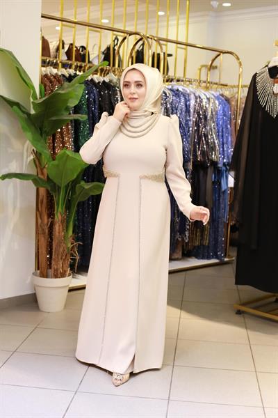 3451 فستان مطرز بالحجر ذو ياقة كود وخصر مطرز بالحجر