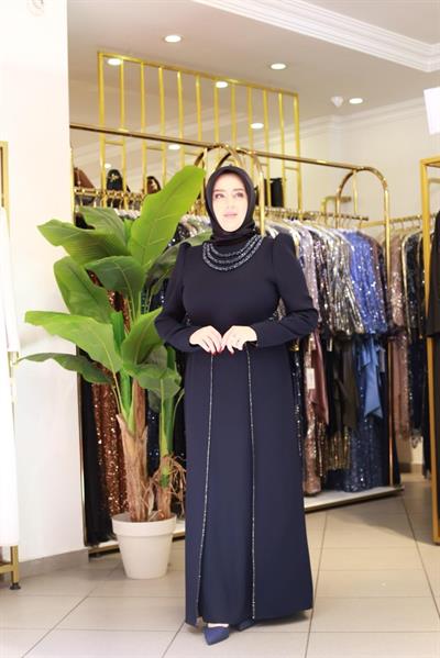 3451 فستان مطرز بالحجر ذو ياقة كود وخصر مطرز بالحجر