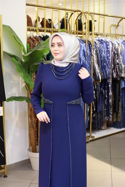 3451 فستان مطرز بالحجر ذو ياقة كود وخصر مطرز بالحجر