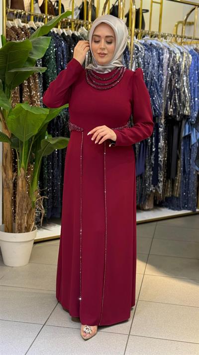 3451 فستان مطرز بالحجر ذو ياقة كود وخصر مطرز بالحجر