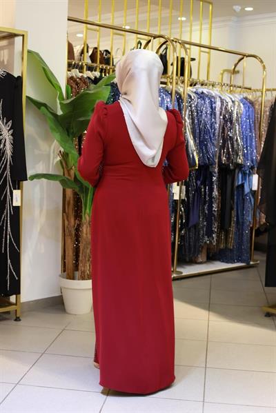 3451 فستان مطرز بالحجر ذو ياقة كود وخصر مطرز بالحجر