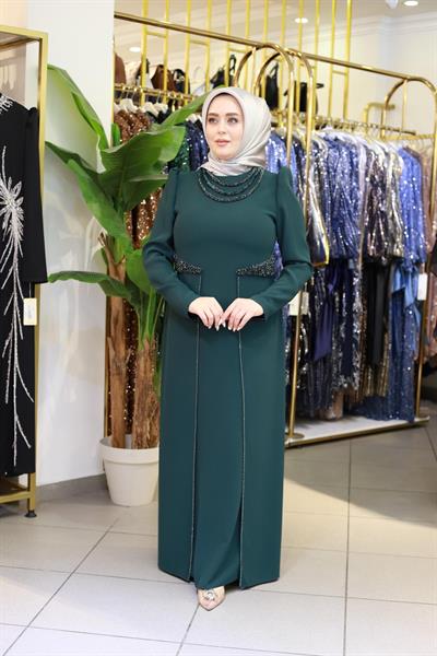 3451 فستان مطرز بالحجر ذو ياقة كود وخصر مطرز بالحجر