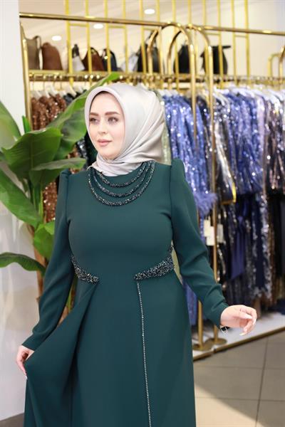 3451 فستان مطرز بالحجر ذو ياقة كود وخصر مطرز بالحجر