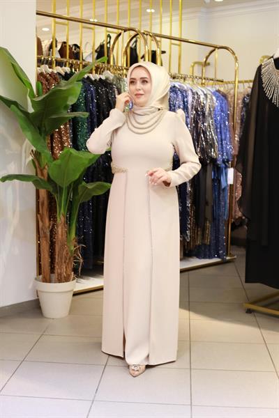 3451 فستان مطرز بالحجر ذو ياقة كود وخصر مطرز بالحجر