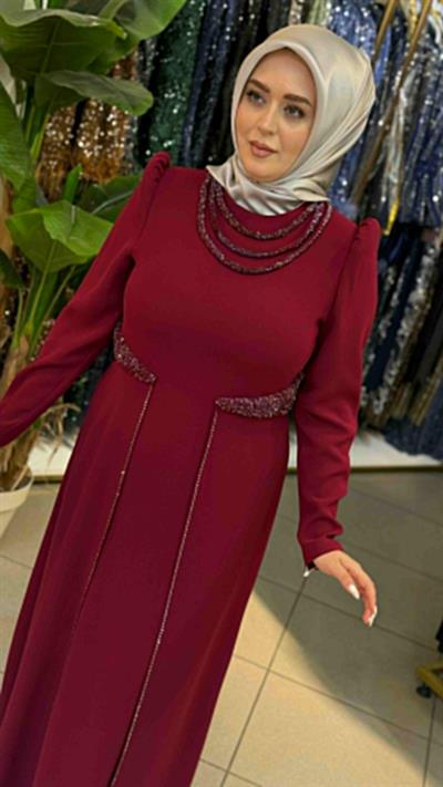 3451 فستان مطرز بالحجر ذو ياقة كود وخصر مطرز بالحجر